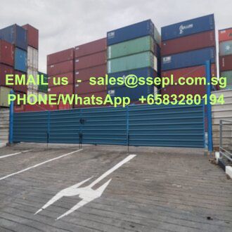 Shipping container yard with stacked red, green, and blue containers behind a blue gate; bright green overlay reads 'EMAIL us - sales@ssepl.com.sg PHONE/WhatsApp +65 83280194'. Ground shows a white helicopter landing pad marking.