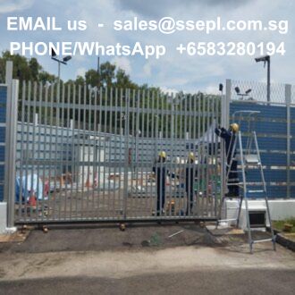 Construction site with a tall metal gate and workers; overlay text reads 'EMAIL US - sales@ssepl.com.sg' and 'PHONE/WhatsApp +65 8328 0194'.