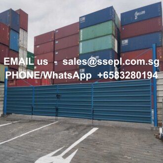 Stacks of colorful shipping containers behind a blue gate; white overlay shows contact email and WhatsApp phone for contact.