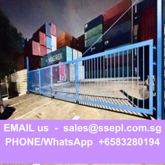 Blue gate in front of stacked colorful shipping containers; purple bottom banner shows contact email and WhatsApp/phone info.