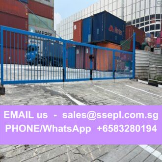 Shipping yard with stacked colorful shipping containers behind a blue gate; a purple banner across the bottom shows contact text: 'EMAIL us - sales@ssepl.com.sg' and 'PHONE/WhatsApp +65 83280194'