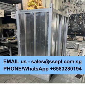 Metal industrial storage container in a workshop with a blue banner at the bottom that reads: 'EMAIL us - sales@ssepl.com.sg PHONE/WhatsApp +6583280194'