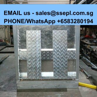 Diamond-plate metal panel with a blue banner at the top displaying contact: 'EMAIL us - sales@ssepl.com.sg' and 'PHONE/WhatsApp +6583280194'.