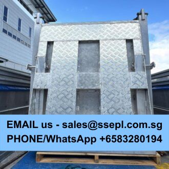 Diamond-plate metal platform with a blue banner at the bottom displaying contact info: 'EMAIL us - sales@ssepl.com.sg' and 'PHONE/WhatsApp +6583280194'.